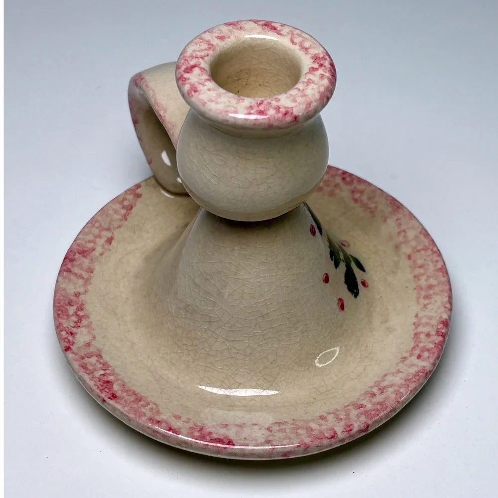 Vintage Christmas Tree Ceramic Chamberstick Candle Holder Sponge Trim Spongeware